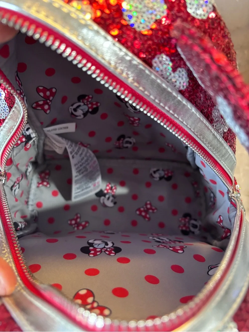 Disney Red Sequin Minnie Backpack with Silver Bow